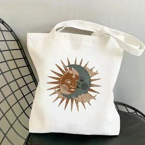 Celestial Sun & Moon Artisan Printed Canvas Casual Everyday Carryall Fabric Tote